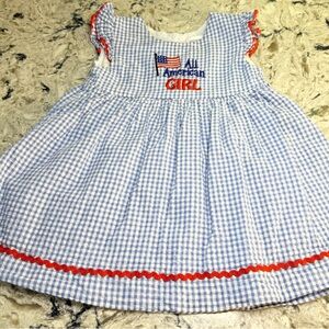 Lil’ Cactus Blue Gingham Patriotic Dress with Red Ricrac